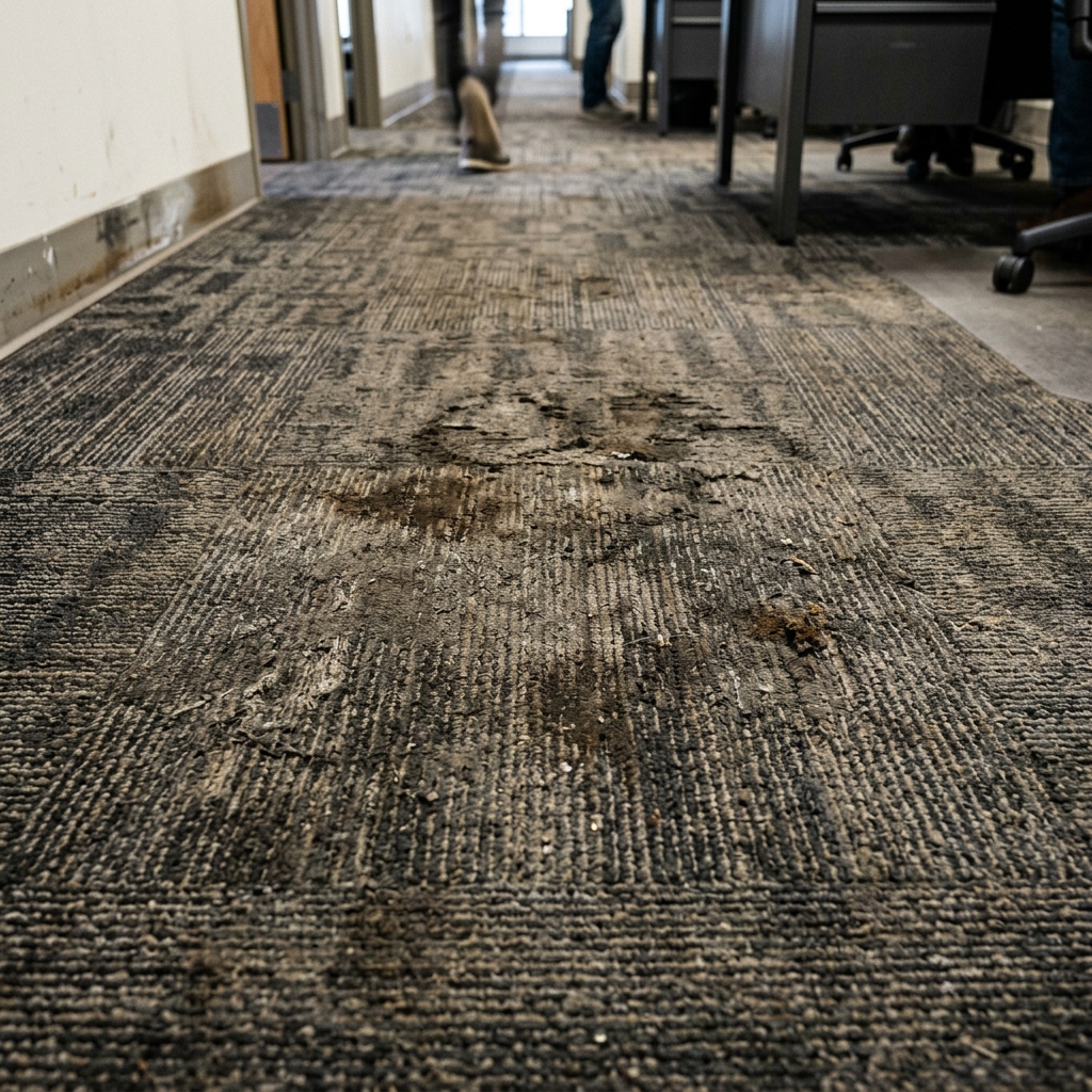 Dirty heavily trafficked commercial carpet before cleaning