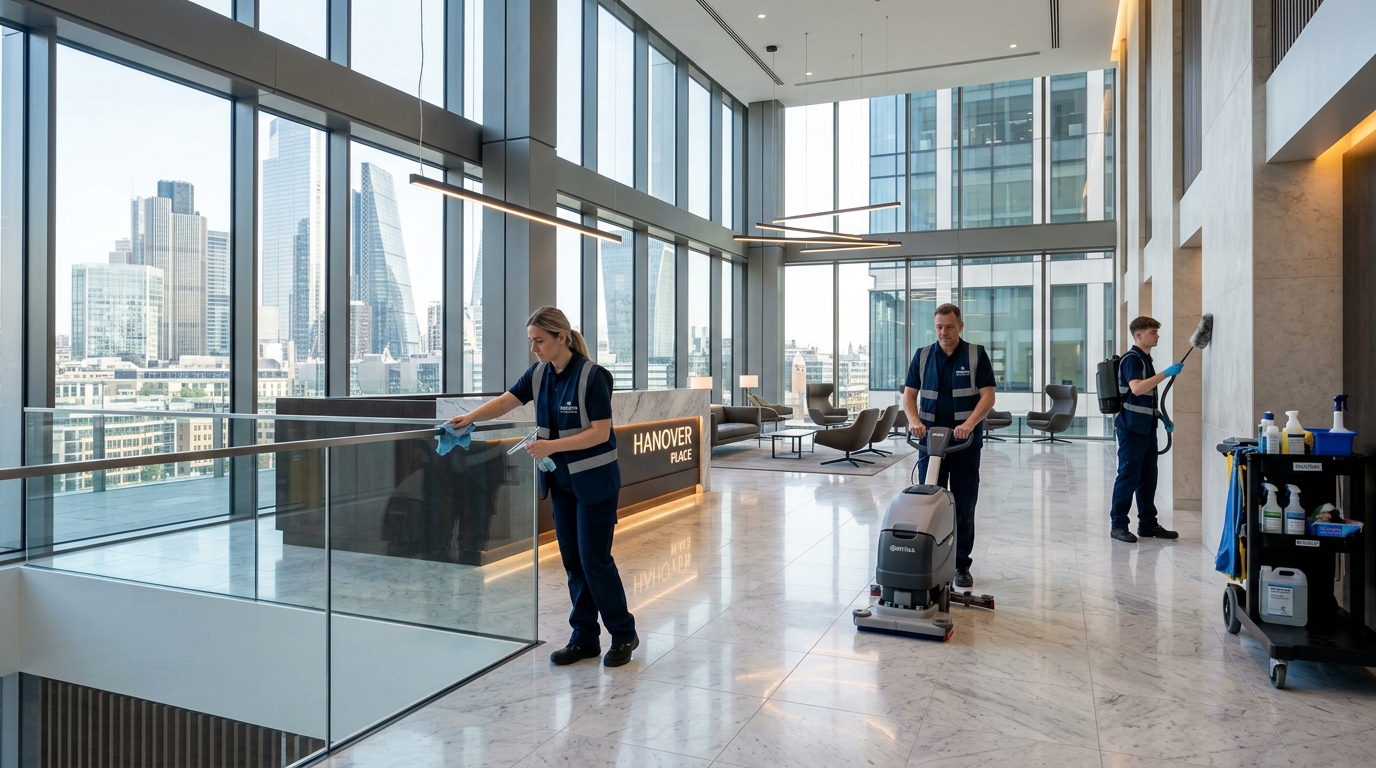CoClean commercial technicians performing green maintenance in corporate tower atrium